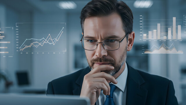 Focused financial analyst studying data charts on a futuristic holographic interface.