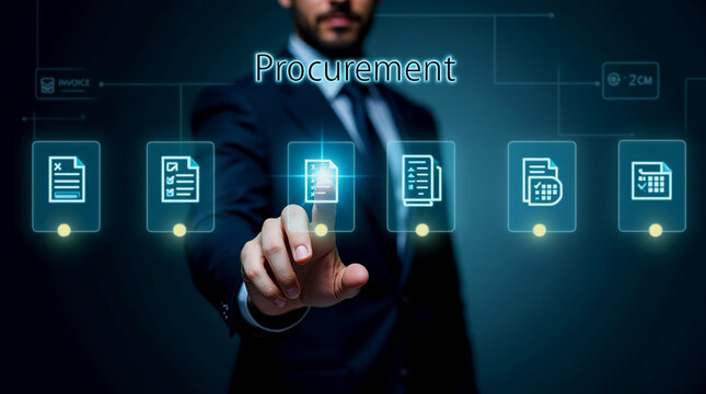 Futuristic Touchless Procurement Interface with Verified Invoices – ERP Automation and Paperless B2B Process