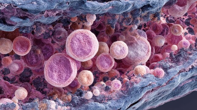 Detailed crosssection of kidney tissue exhibiting necrotizing granulomatous inflammation affecting glomerular structures.