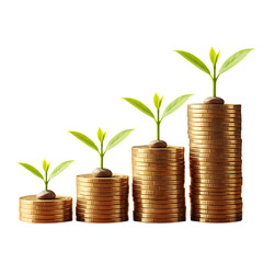 Growth concept with golden coins and seedlings on black background showing financial prosperity and investment success with renewable resources