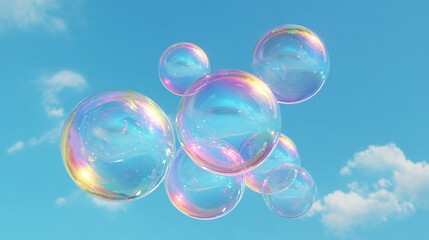 Gradient pink hue soap bubbles on blue sky