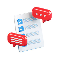 3d render of a checklist with checkmarks and speech bubbles, isolated on transparent background