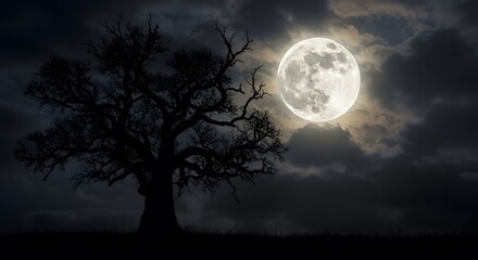 A solitary, gnarled tree stands in silhouette against a dramatic night sky illuminated by a bright, luminous full moon, with moody clouds adding to the mysterious and eerie atmosphere
