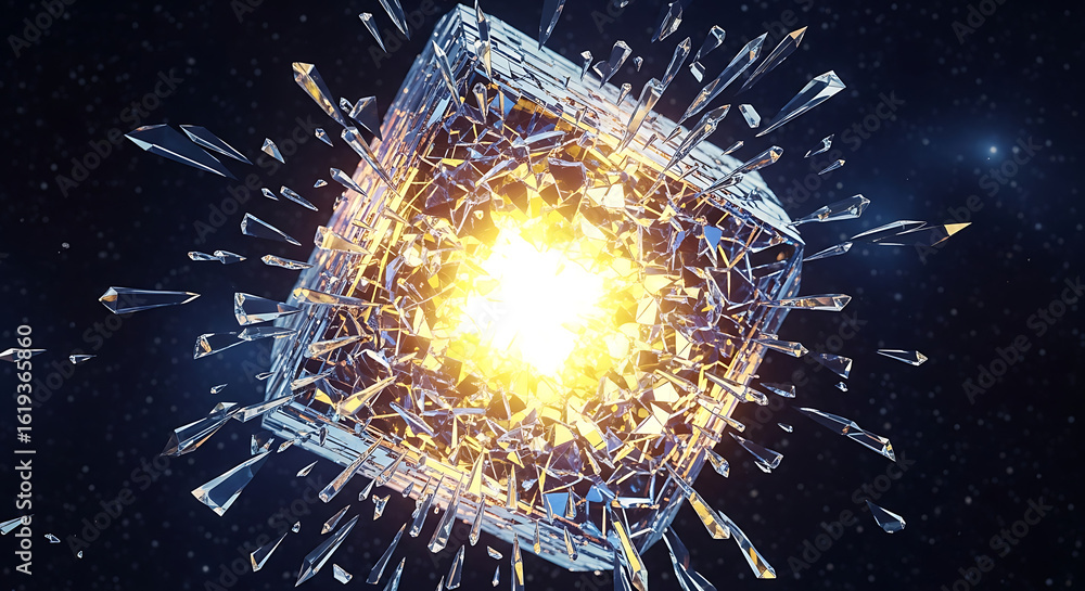 Poster exploding crystal cube with bright light emanating from the center against a dark starry background 