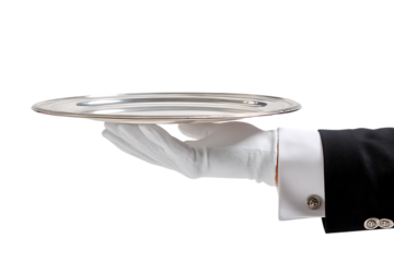 A hand in a white glove presents a silver tray.