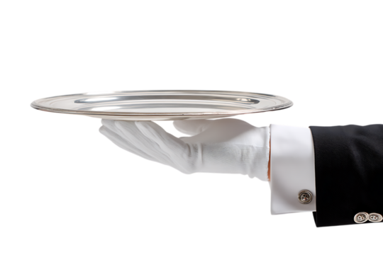 A hand in a white glove presents a silver tray.