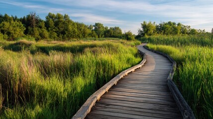 Walk on wooden path in wetland. Background is trees and blue sky. Lifestyle