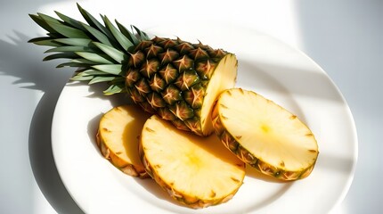 Fresh ripe tropical pineapple partially sliced into rings on a white plate under bright sunlight, a healthy delicious snack.
