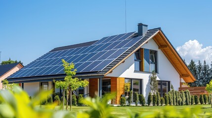 A modern house with solar panels on the roof surrounded by green plants under a clear blue sky