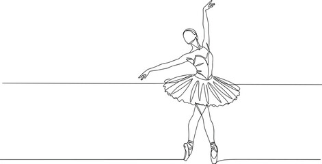 Graceful ballerina dancing in pointe shoes, elegant tutu line art, ballet pose illustration, classical dance sketch, minimal style, performance, femininity, beauty, motion, art © Nur-Nobin Creations