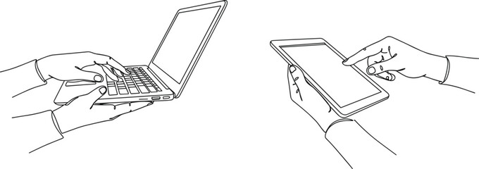 Hands using laptop and tablet line art illustration, digital device outline drawing, modern technology usage concept, minimal vector sketch for remote work, touchscreen design