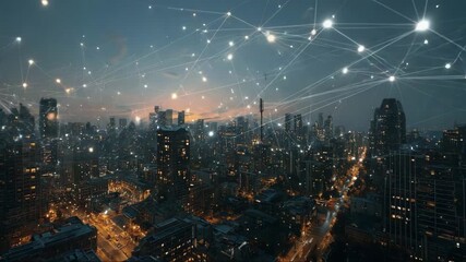 City skyline at night with digital connection networks overlay, representing the concept of big data and Internet of things - Powered by Adobe
