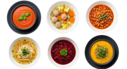 Variety of soups in bowls, top view isolated on transparent background