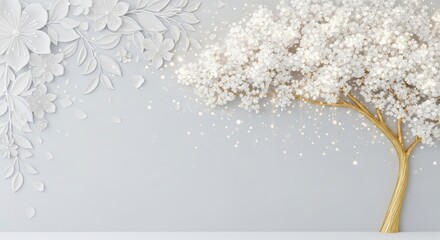 Delicate white blossom branch against textured gray background