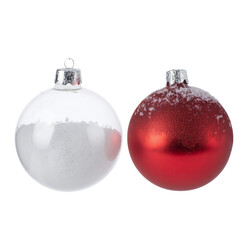 Red and white Christmas ball with snow on it isolated on white or transparent background