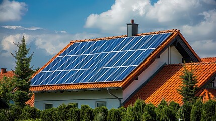 House with solar panels on the roof under a cloudy sky surrounded by green trees and bushes outside