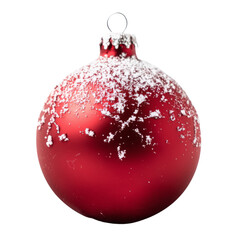 Red Christmas ball with snow on it isolated on white or transparent background