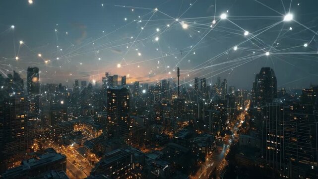 City skyline at night with digital connection networks overlay, representing the concept of big data and Internet of things   