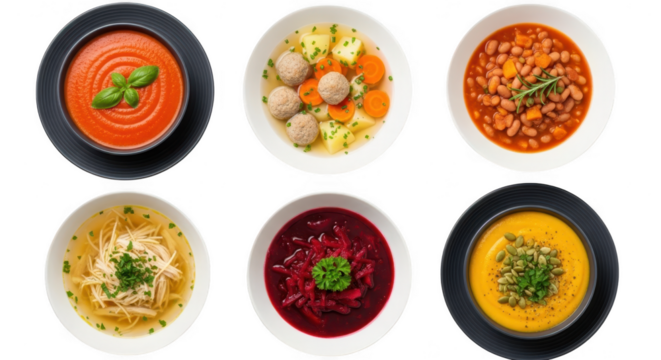 Variety of soups in bowls, top view isolated on transparent background
