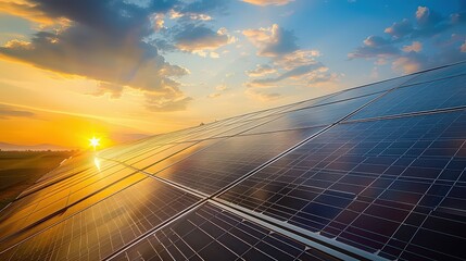 Solar panels reflecting a vibrant sunset sky with scattered clouds in a rural landscape setting