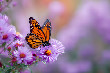 Obraz premium Monarch butterfly feeding on purple aster flower in summer floral background. Monarch butterflies in autumn blooming asters.
