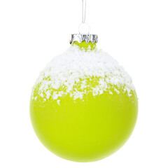 Light green Christmas ball with snow on it isolated on white or transparent background