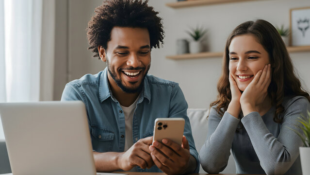 Young interracial couple smiling while watching a video or shopping online together, using a smartphone on the couch.
