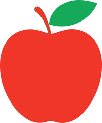 Simple Red Apple Illustration with Green Stem and Leaf on White Background