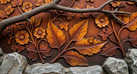 Autumnal foliage and floral relief carving with natural elements
