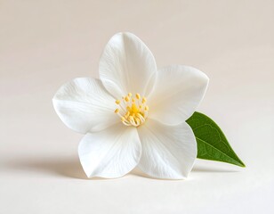 Fototapeta premium Delicate single white spring flower with a yellow center and green leaf. Macro shot of a beautiful bloom isolated on a soft neutral background.