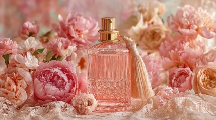Elegant glass perfume bottle with surrounded by pink roses and peonies. Rose petals and shimmering silk fabric background. Soft pastel background. professional product photography. High-resolution