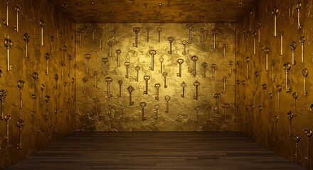 Empty square room with old vintage keys gold textures on wall