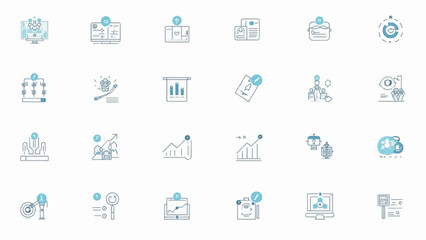 Collection of modern business vector icons featuring startup tools, finance, marketing, HR, data, strategy, project planning, sales process, e-commerce, and corporate elements. Clean, flat, no text.