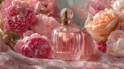 Elegant glass perfume bottle with surrounded by pink roses and peonies. Rose petals and shimmering silk fabric background. Soft pastel background. professional product photography. High-resolution