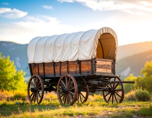 Vintage covered wagon in a field