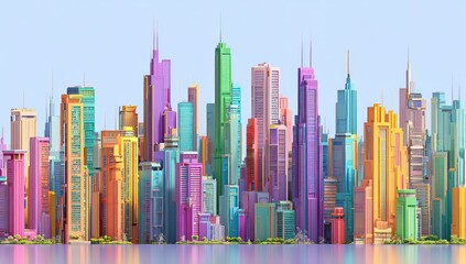 Colorful city skyline, waterfront view, summer day, digital art, urban design