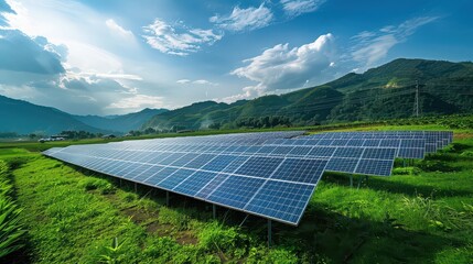 Panoramic view of solar panels in a field with mountains and a bright sky in the background scenery