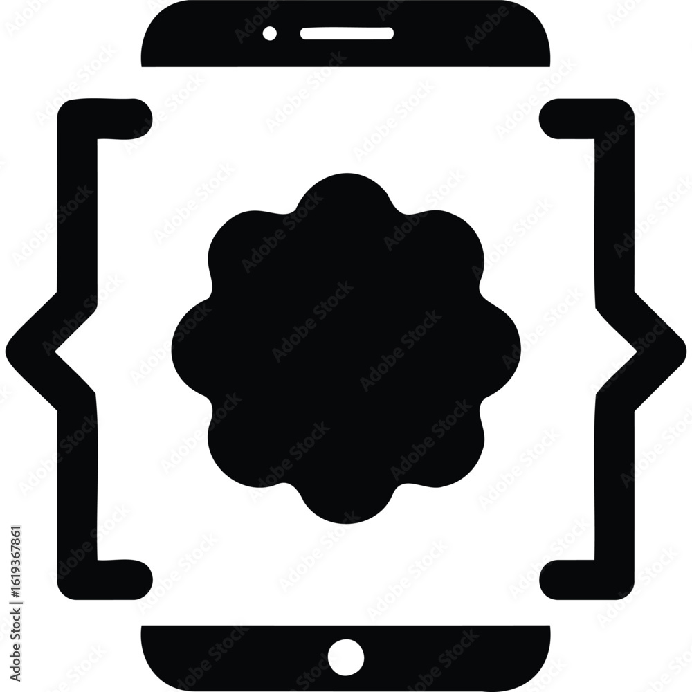 Poster a black and white icon of a mobile phone with a bracket and a flower shape in the middle of the scre