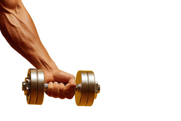 Muscular arm holding a dumbbell with visible veins against a stark black background scene
