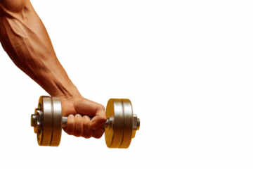 Muscular arm holding a dumbbell with visible veins against a stark black background scene