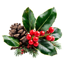 Christmas decoration with holly, mistletoe, and pine cone isolated on a white or transparent background, Christmas tree decoration