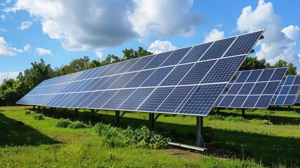 Solar panels in a field under a blue sky with clouds generating clean sustainable energy source