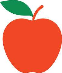 Simple Red Apple Illustration with Green Leaf and Brown Stem on White