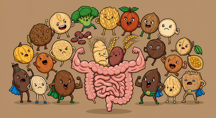 A cartoon illustration of superhero food characters representing a healthy diet for a strong digestive system.