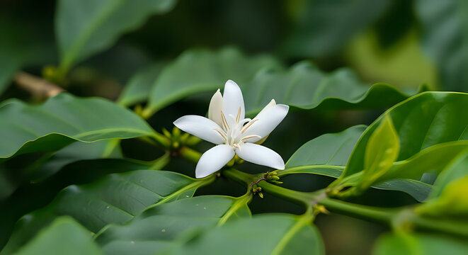 Delicate white coffee flower blossoms with vibrant green leaves, capturing the essence of natural growth and the origins of coffee.