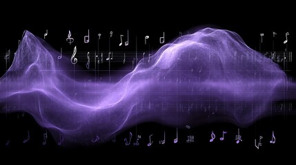 Purple musical notes overlay a wavy form.