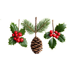 Christmas decoration with holly, mistletoe, and pine cone isolated on a white or transparent background, Christmas tree decoration