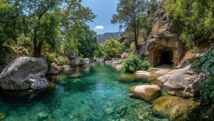 Naklejka premium River flows by cave in nature reserve; Scenic tourism spot with distant mountains