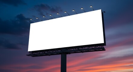 Obraz premium Blank billboard advertising space at dusk with colorful sky, perfect for marketing and commercial messages, offering ample copy space for your design needs