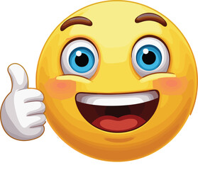 Happy emoji with thumbs up, cartoon face, cheerful expression, positive smile, approval sign, vector illustration, emoticon icon, joyful mood, feedback concept image